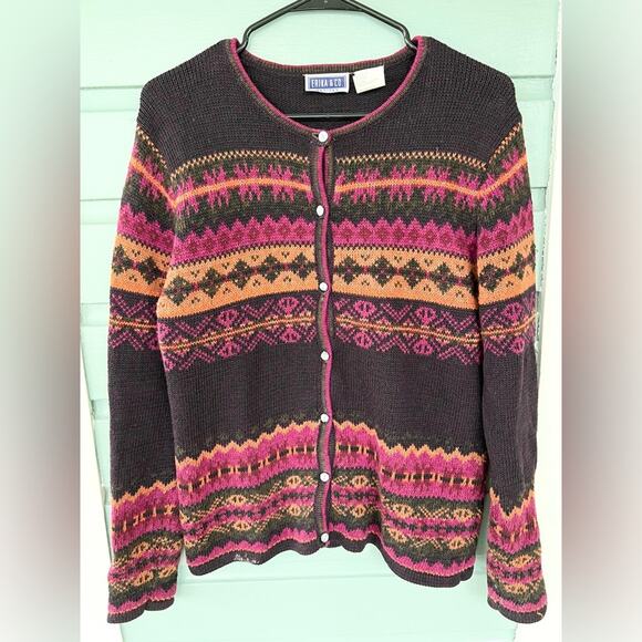 Vintage Sweaters - Vintage Nordic inspired cardigan sweater maroon unique fall winter